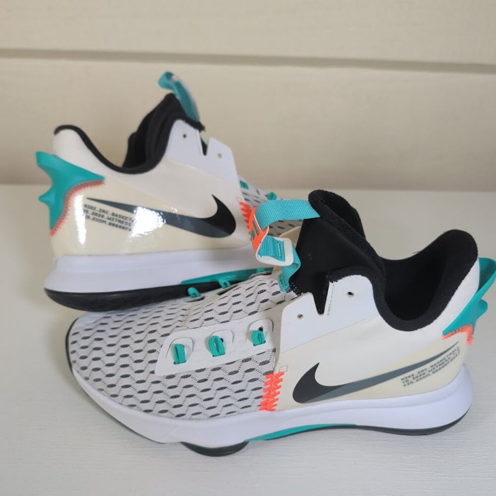 Nike LeBron Witness 5 sneakers white, clear jade, and total orange color